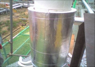 玻璃纖維軋針棉成型後貼鋁箔,應用在發電廠之管路設備保溫